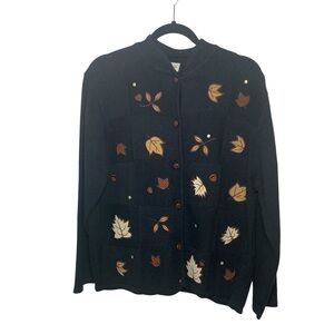Crystal Kobe Cotton Blend Sweater Holidays Leaves Design Cardigan Size L